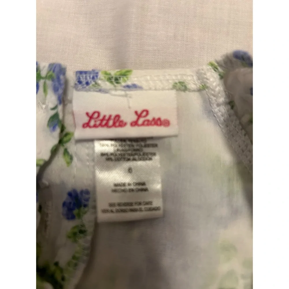 Little Lass Girls Floral Dress Size 6 Blue Green Rose Swiss Dot‎ Cottagecore